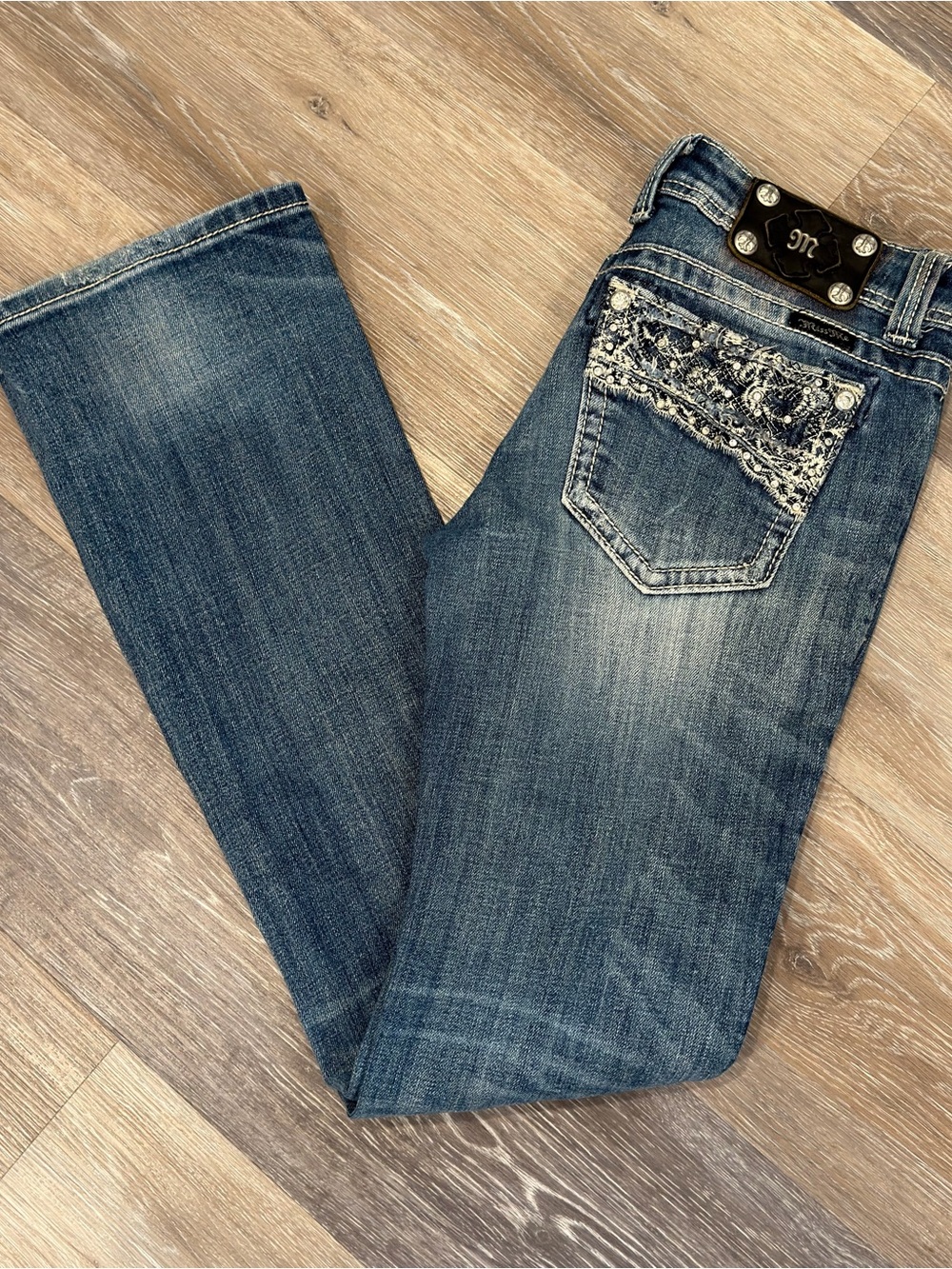 Miss Me Distressed Bootcut Jeans with Embellished Back Pockets